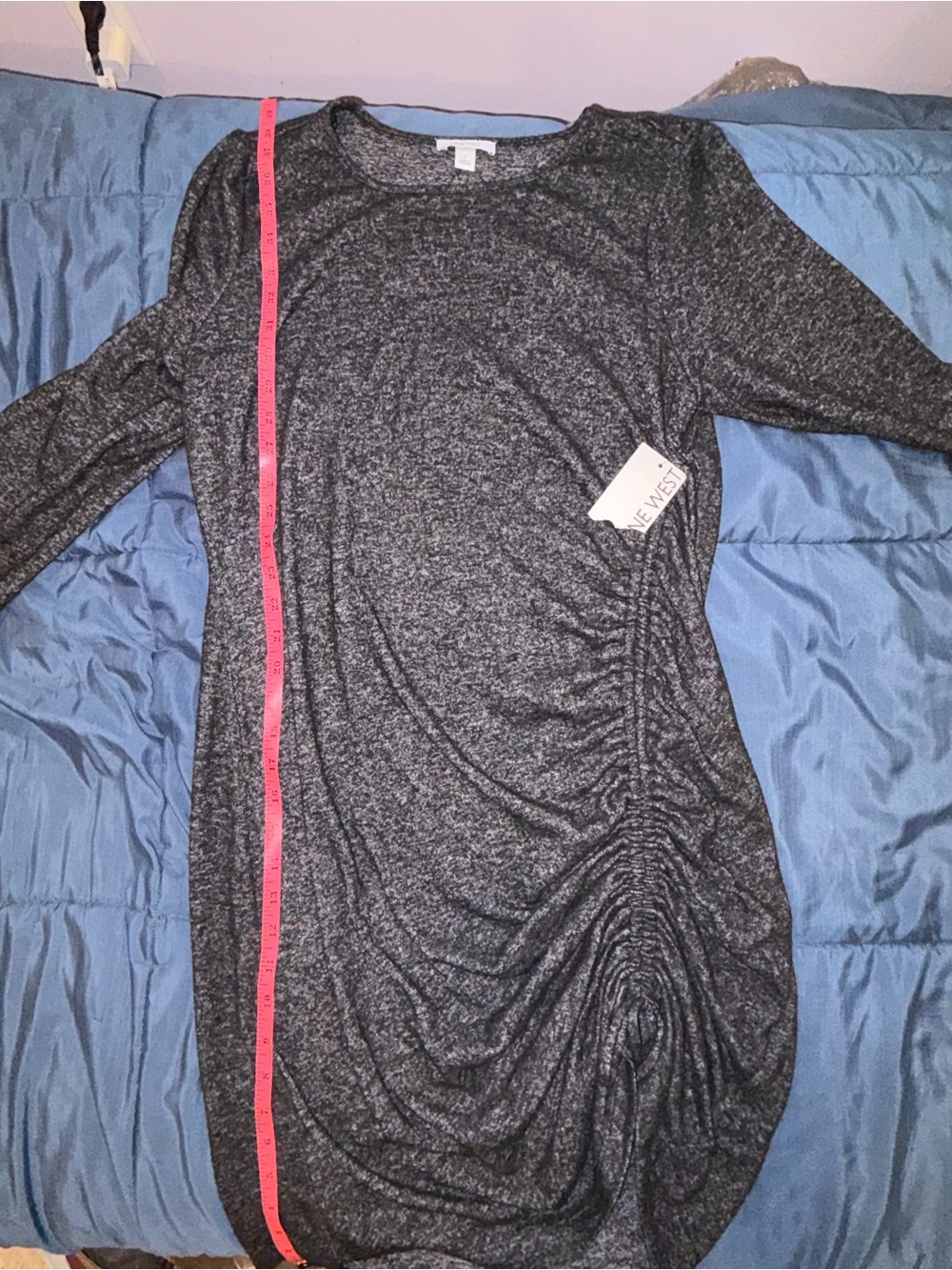 NWT Nine West Heather Black Ruched Long Sleeve Dress L - Picture 4 of 8